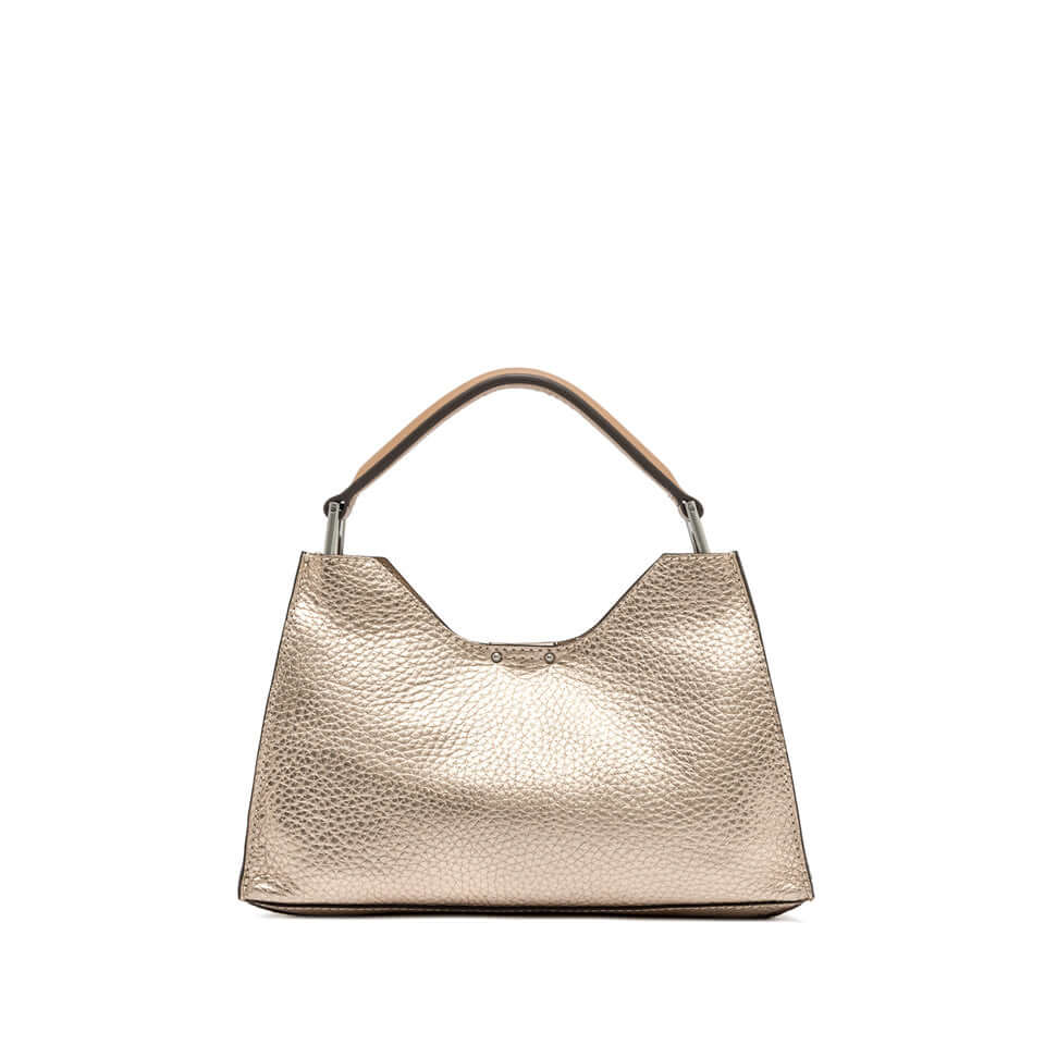 AURORA bag by Gianni Chiarini, trapezoidal shape, hammered leather, elegant design with metallic details.
