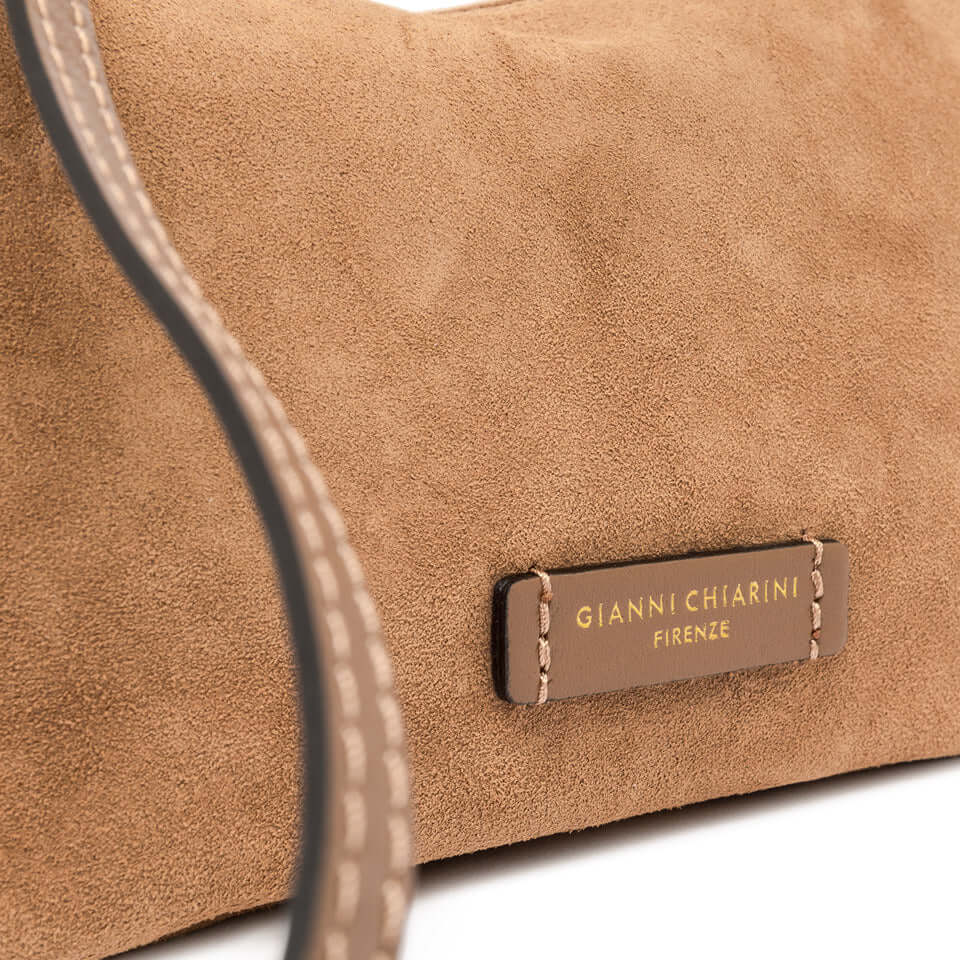 NORA POUCH in soft suede by Gianni Chiarini, featuring a logo plaque and stylish design for online shopping.