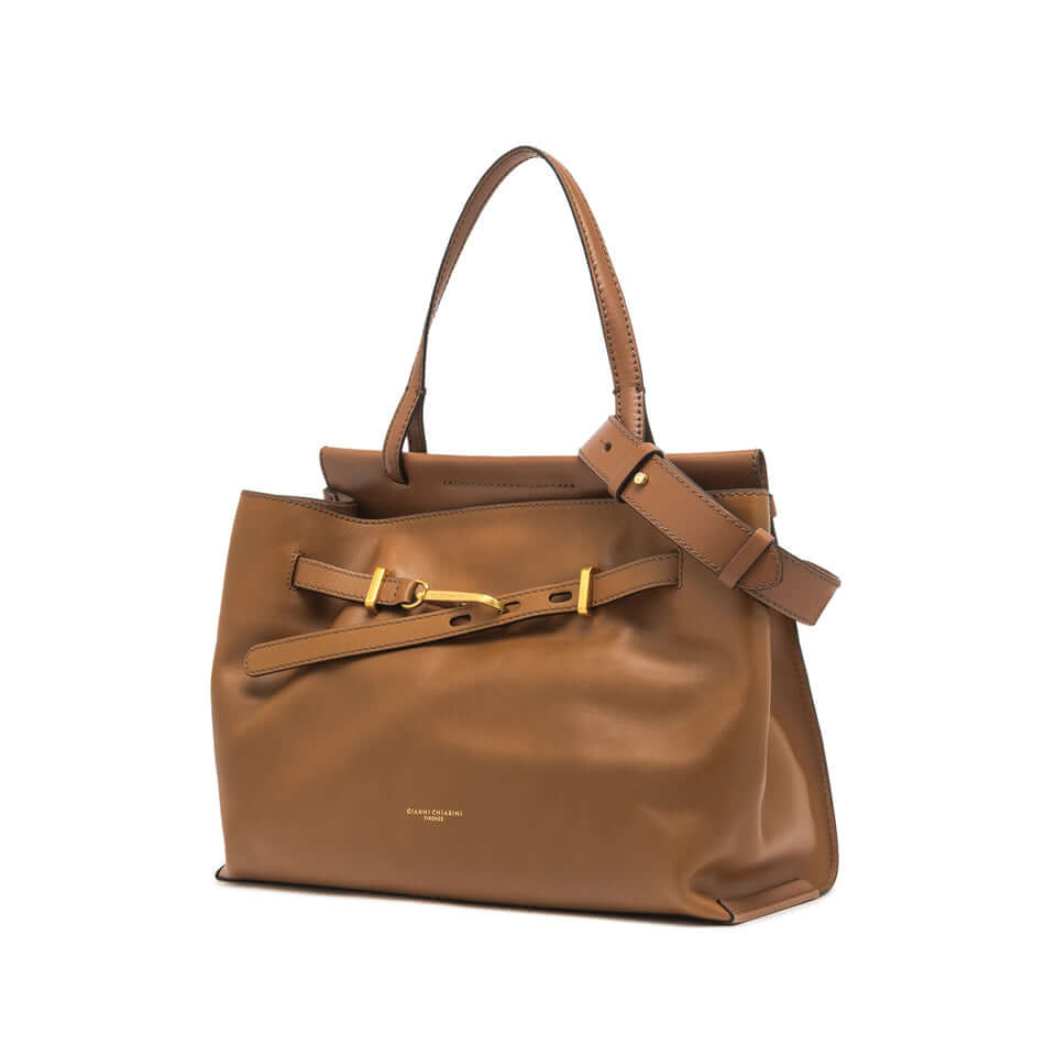 TILDA by Gianni Chiarini, brown leather top handle bag with gold accents and detachable strap for versatile carrying.