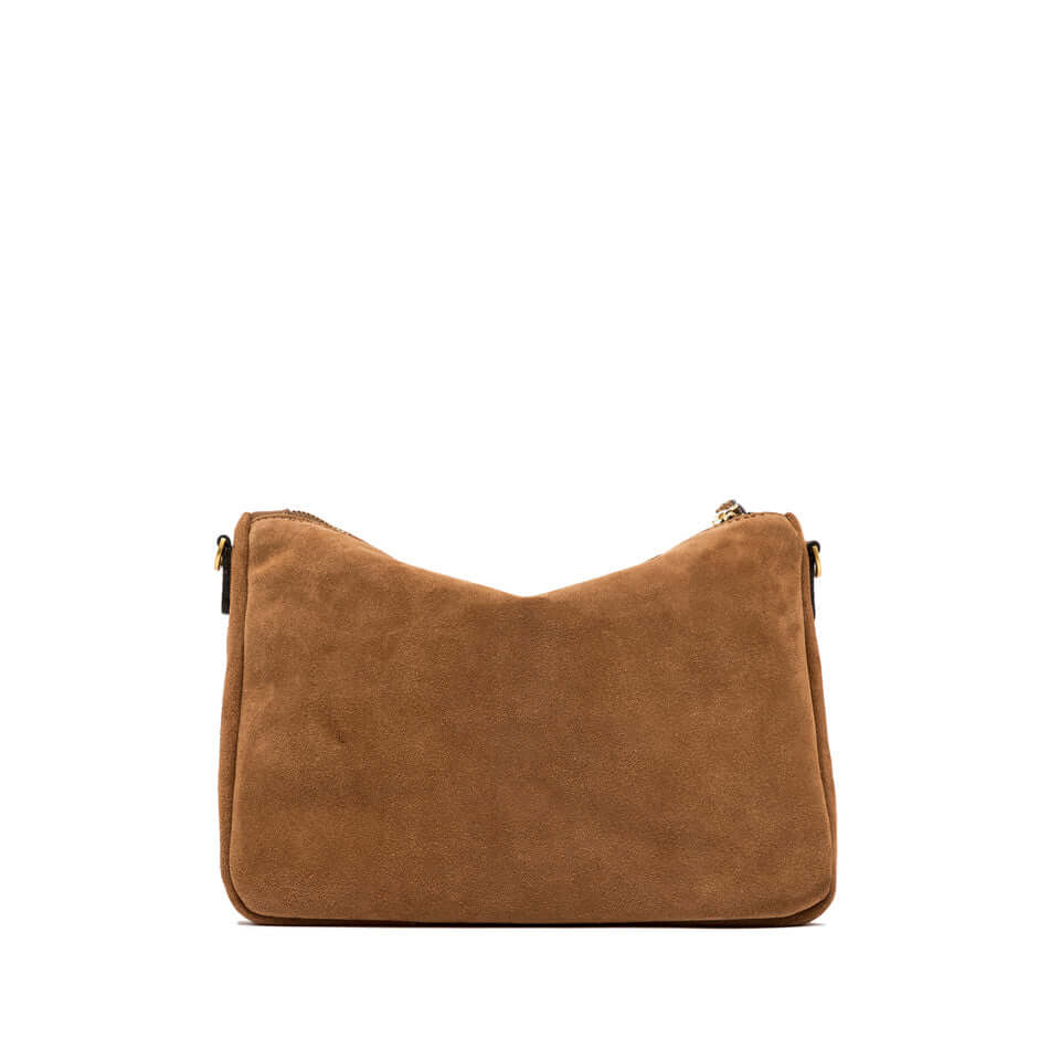 NORA POUCH in brown suede by Gianni Chiarini with removable shoulder strap and zip closure, perfect for online shopping.