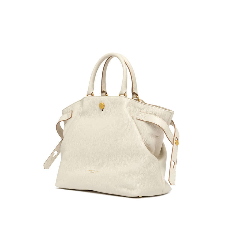 Borsa CLAUDETTE in pelle martellata bianca di Gianni Chiarini, con dettagli in metallo e lacci laterali. Elegante e versatile.