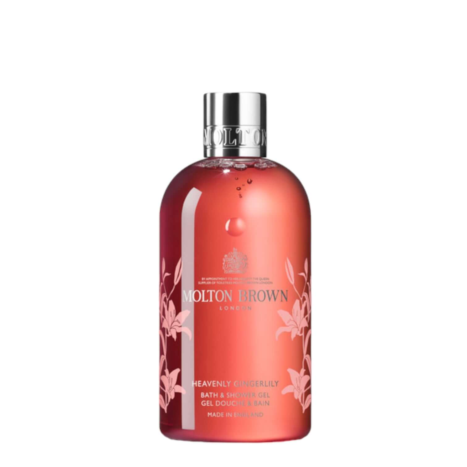 Molton Brown Heavenly Gingerlily limited edition bath and shower gel, adorned with red lilies, 300 ml.