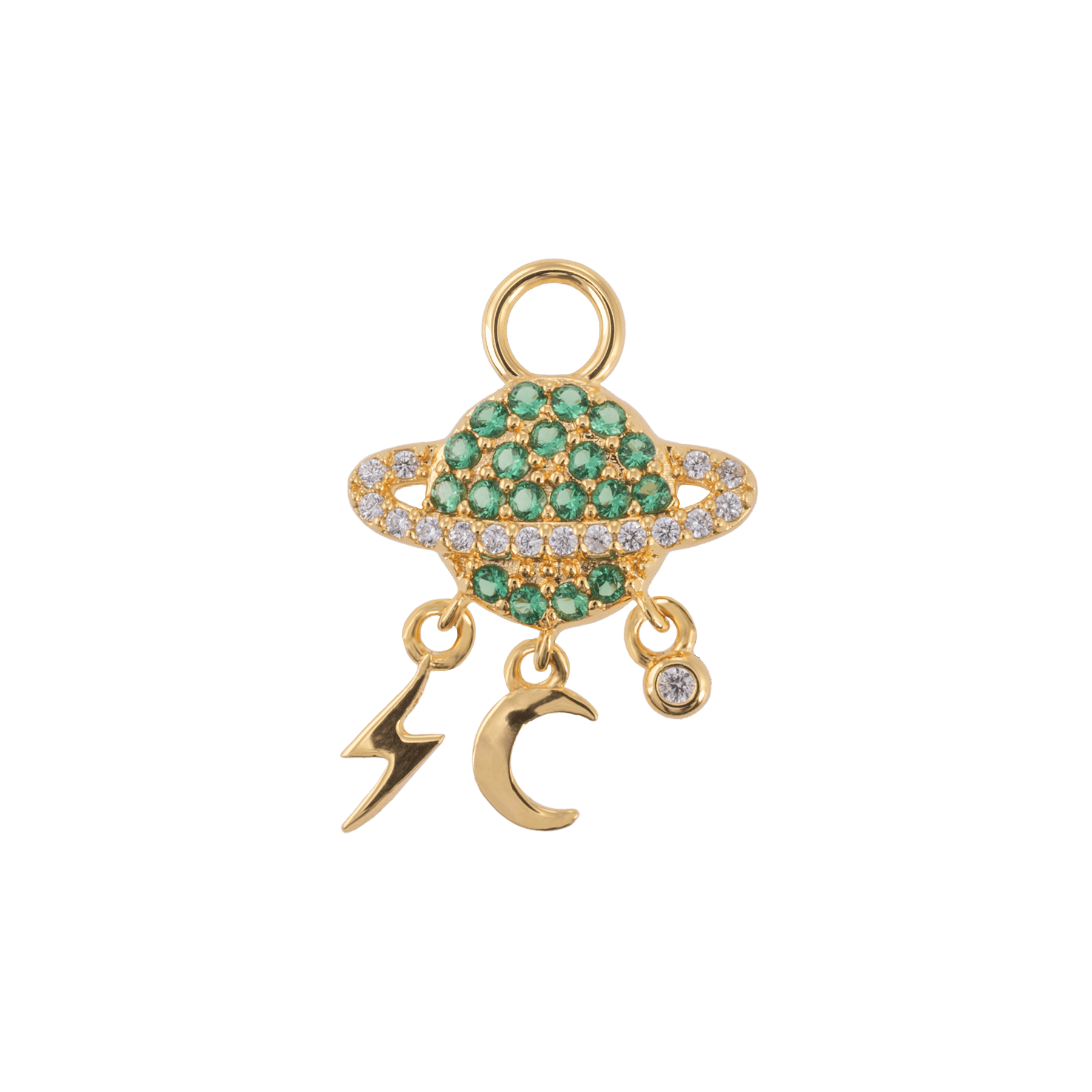 Ciondolo Ida Charm Verde, gioiello in ottone dorato con pietre verdi e pendenti a forma di fulmine e luna.