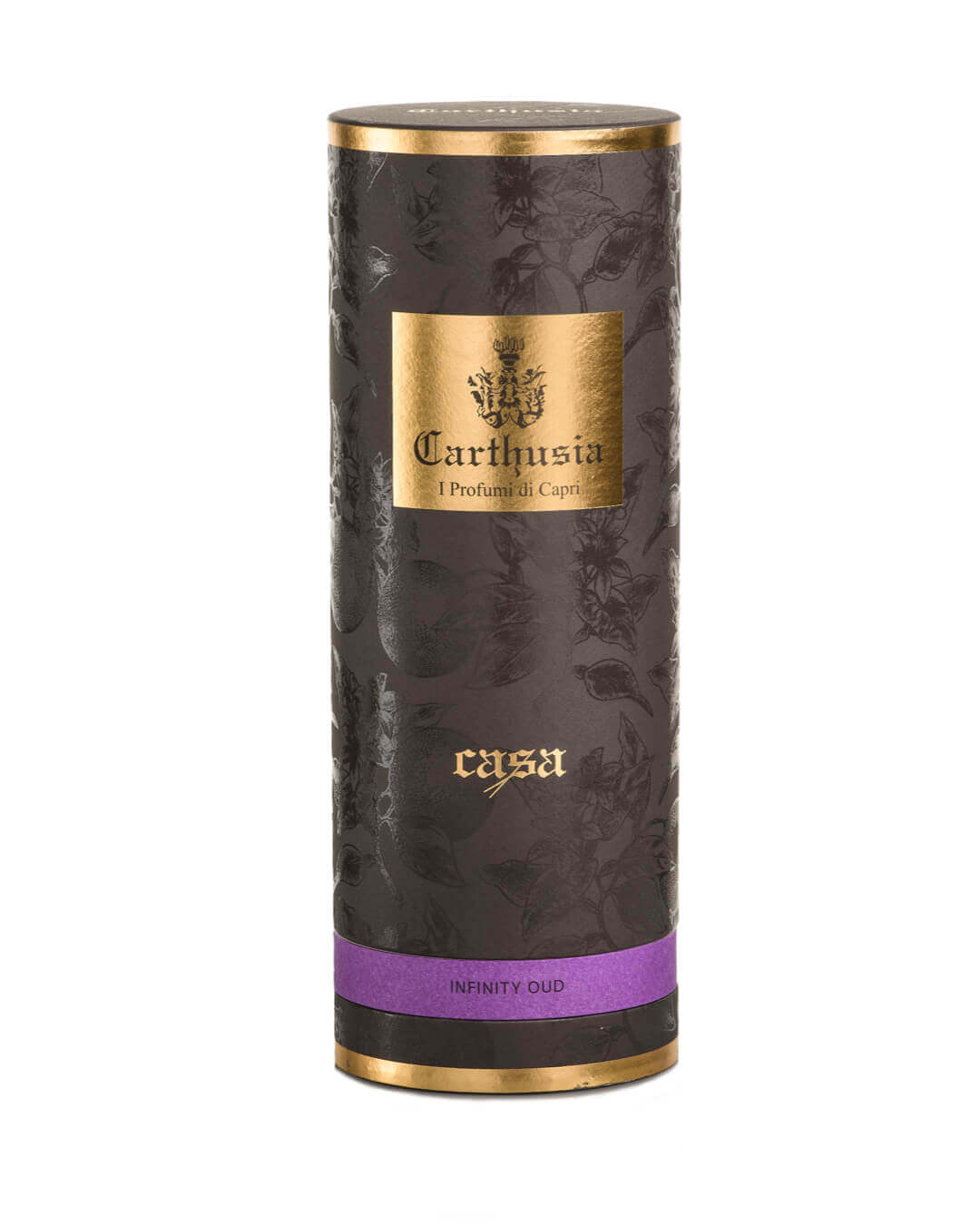 Infinity Oud Diffusore by Carthusia in an elegant cylindrical container, featuring luxurious gold and purple design.