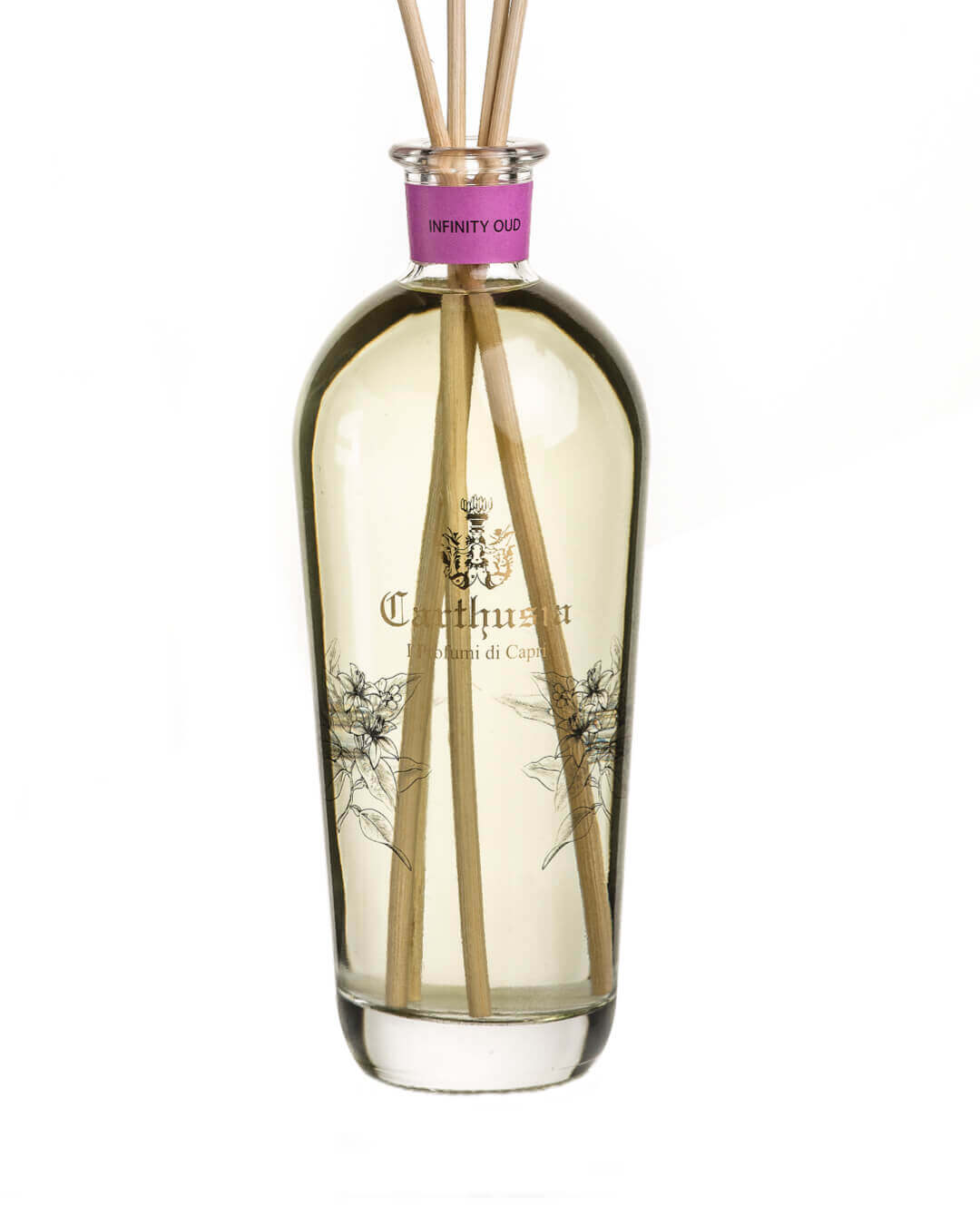 Infinity Oud Diffusore by Carthusia, featuring luxurious wooden reeds and a delicate fragrance blend.