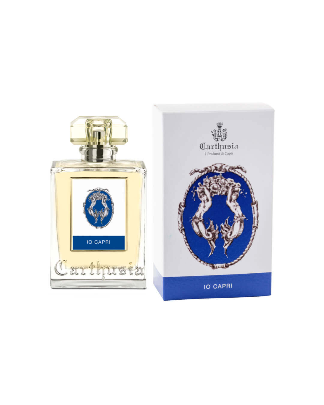 Io Capri Eau De Parfum by Carthusia in a stylish bottle and blue box, featuring notes of fig and tea leaves.