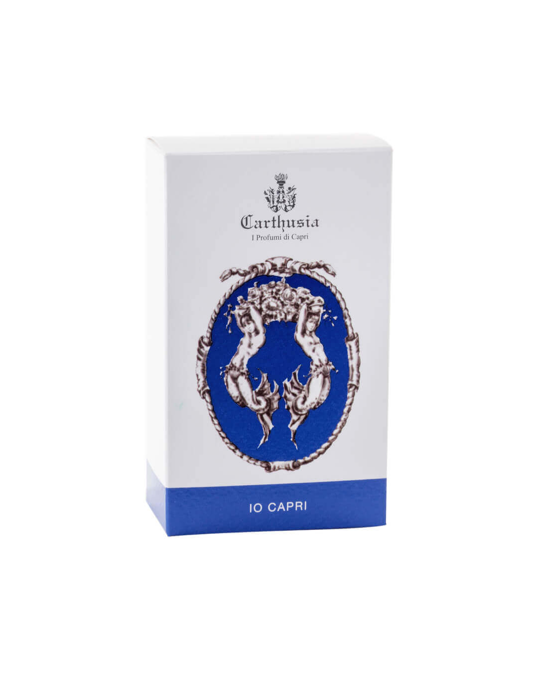 Io Capri Eau De Parfum packaging featuring intricate blue design and logo by Carthusia.