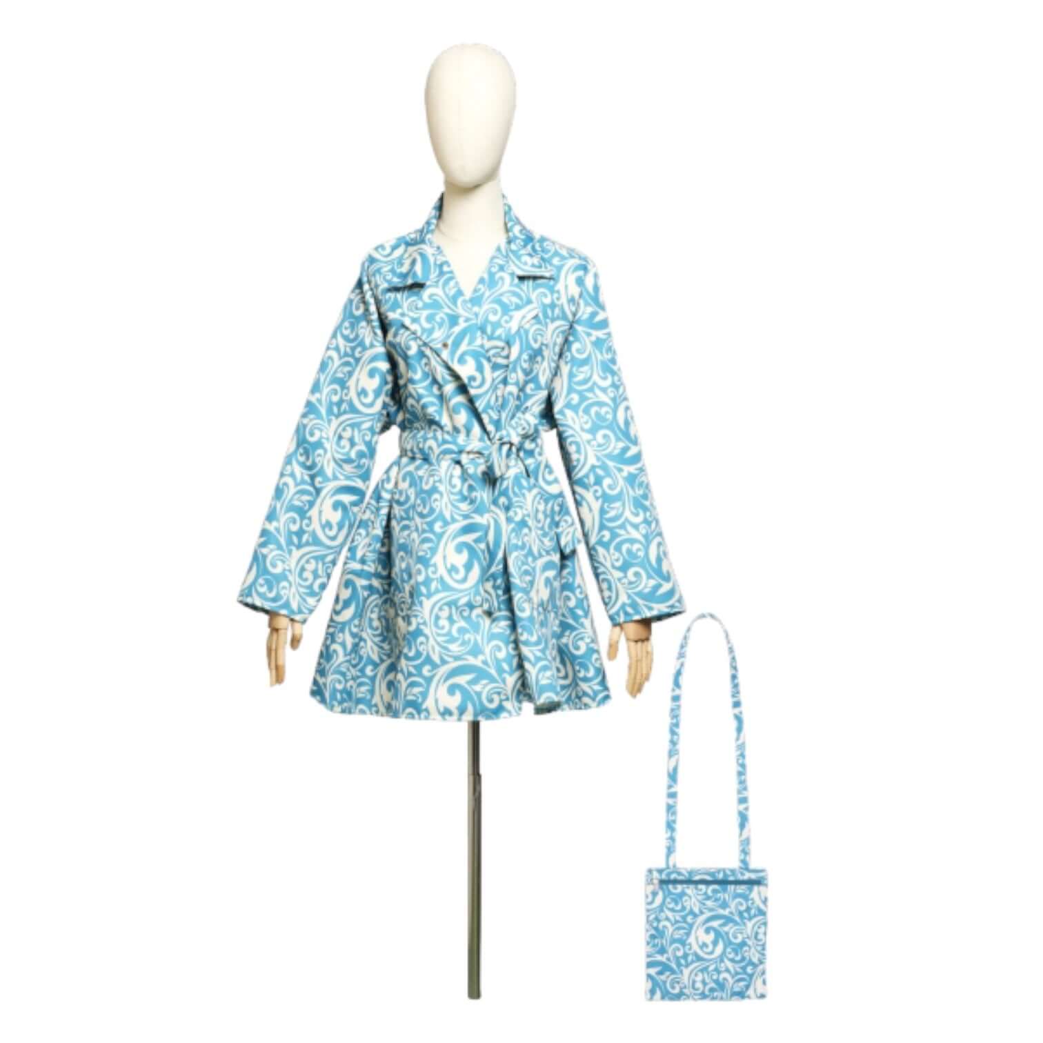 K-Way da Viaggio coat in blue floral pattern displayed on a mannequin with matching bag.