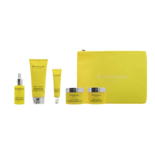 Lemon Garden Kit featuring travel pouch and skincare products: serum, moisturizer, cleanser, eye cream, and night cream.