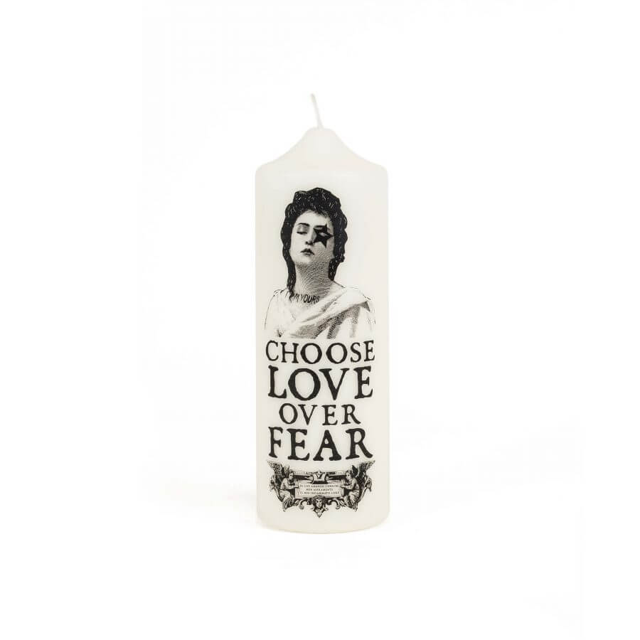 Visionary Pillar Candle with 'Choose Love Over Fear' message, symbolizing love and light.