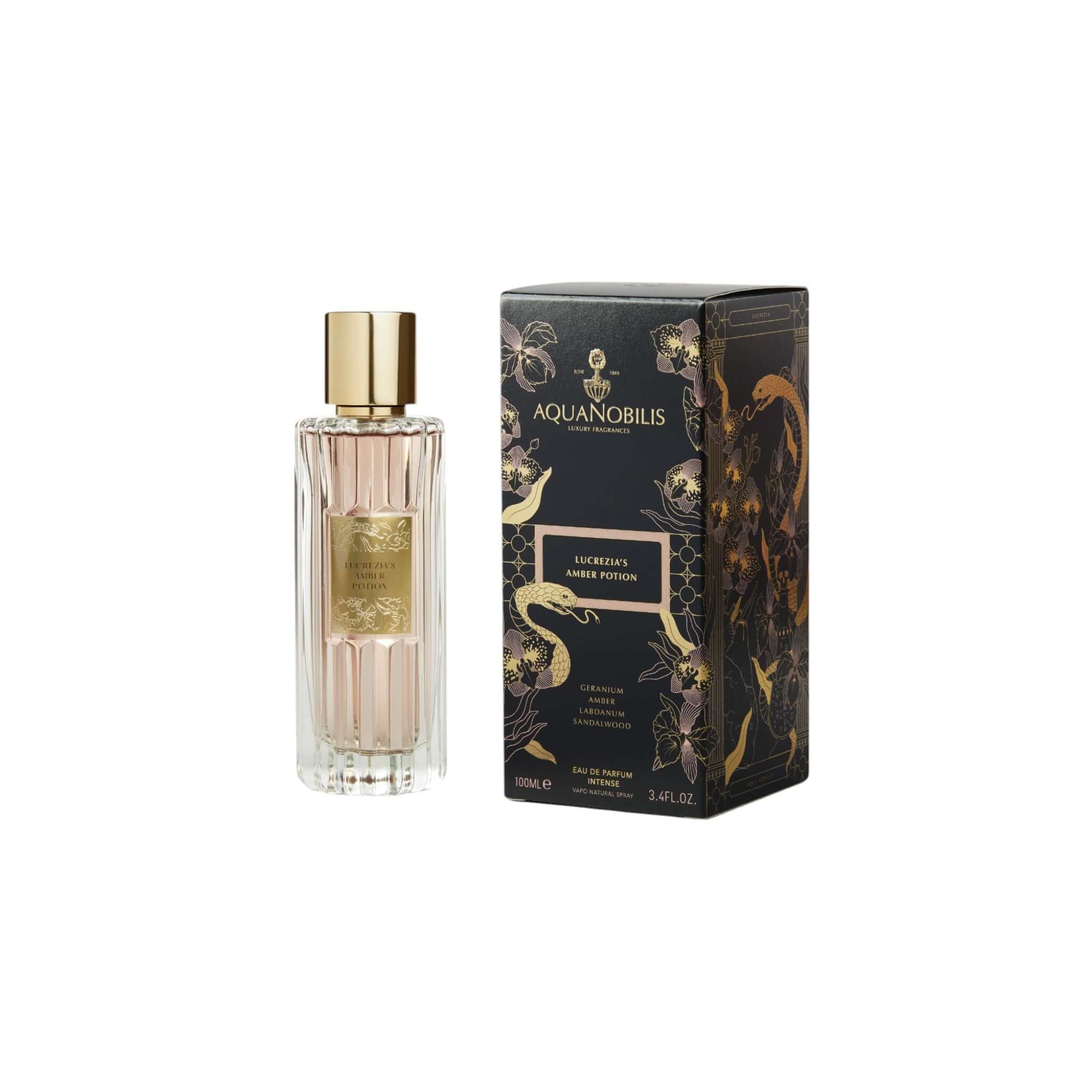Lucrezia's Amber Potion fragrance bottle and elegant packaging, inspired by Lucrezia Borgia's beauty and mystique.
