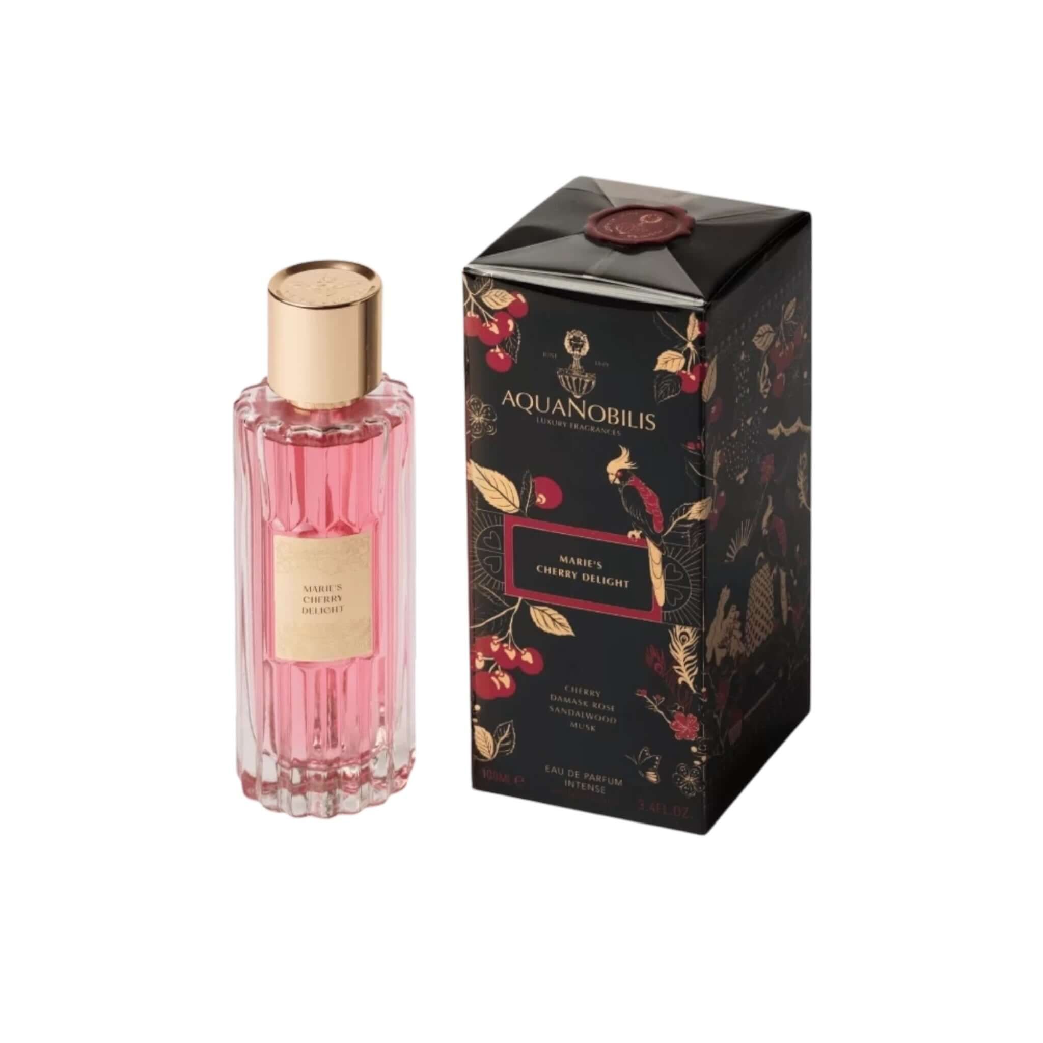 Fragranza ciliegia romantica in flacone elegante di Marie's Cherry Delight, confezione raffinata con design floreale.