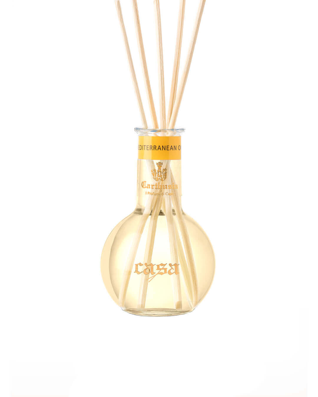 Mediterranean Oud diffuser by Carthusia, showcasing aromatic essence and elegant design with rattan sticks.