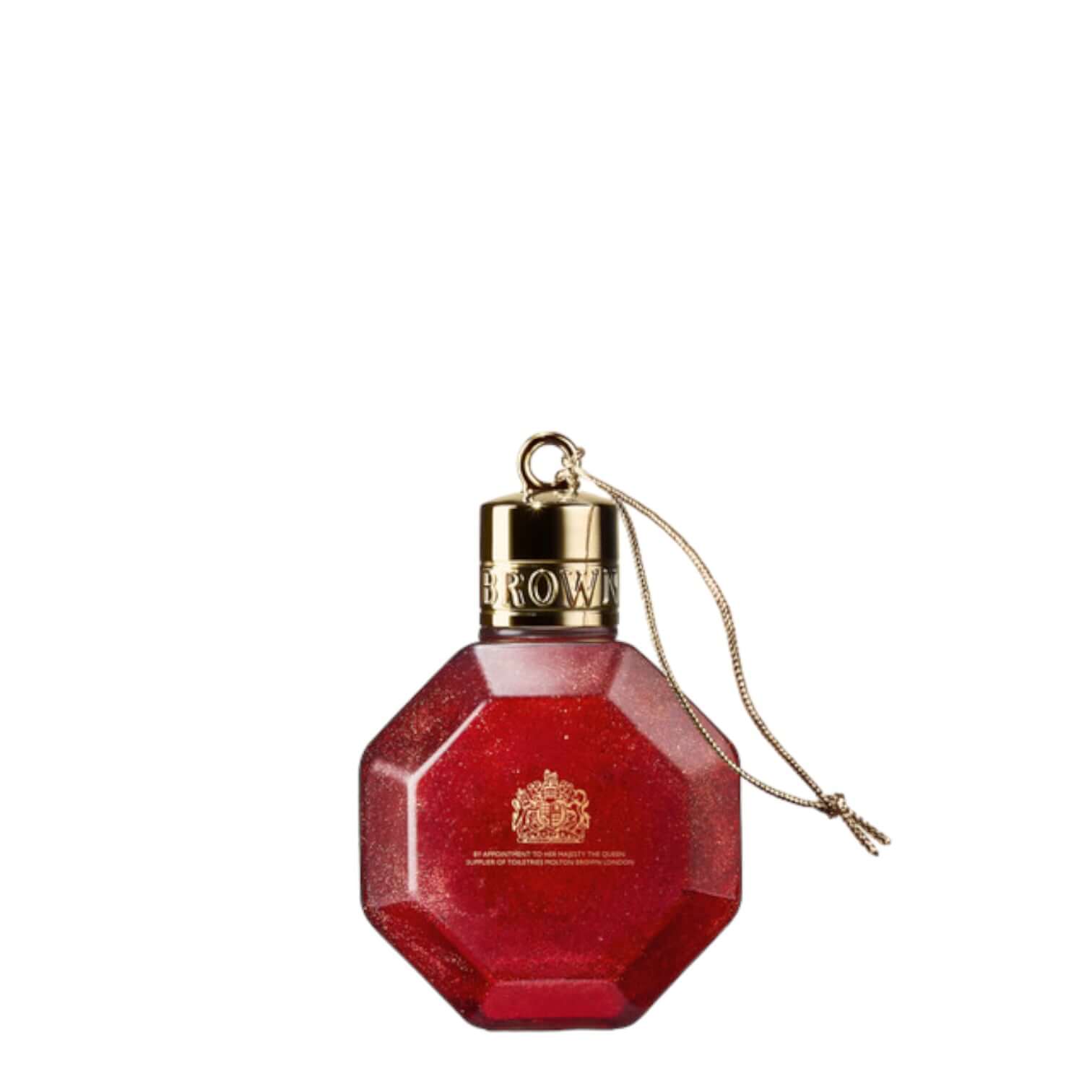 Merry Berries & Mimosa festive bauble bath foam in a red octagonal bottle with a gold cap.
