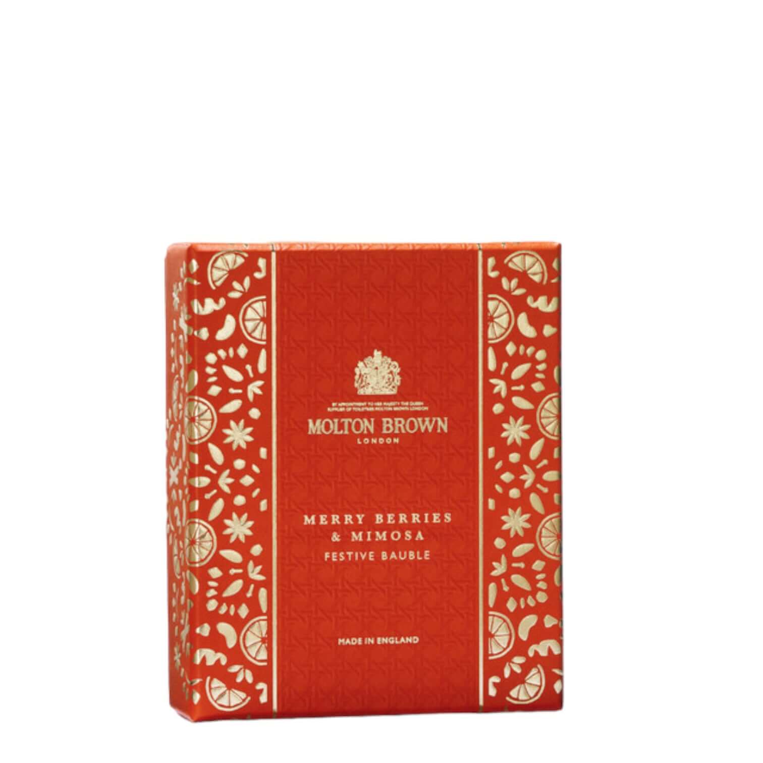 Merry Berries & Mimosa Festive Bauble Bagno Schiuma, red box with floral design, 75ml, by Molton Brown, made in England.