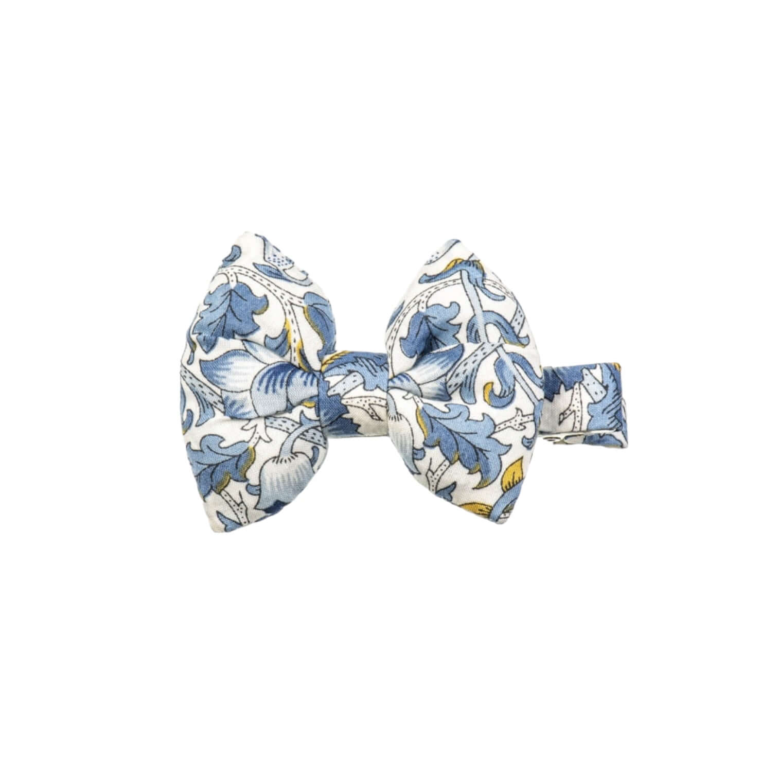 Molletta Capelli Bow in Liberty Lodden design featuring blue floral patterns on a white background.