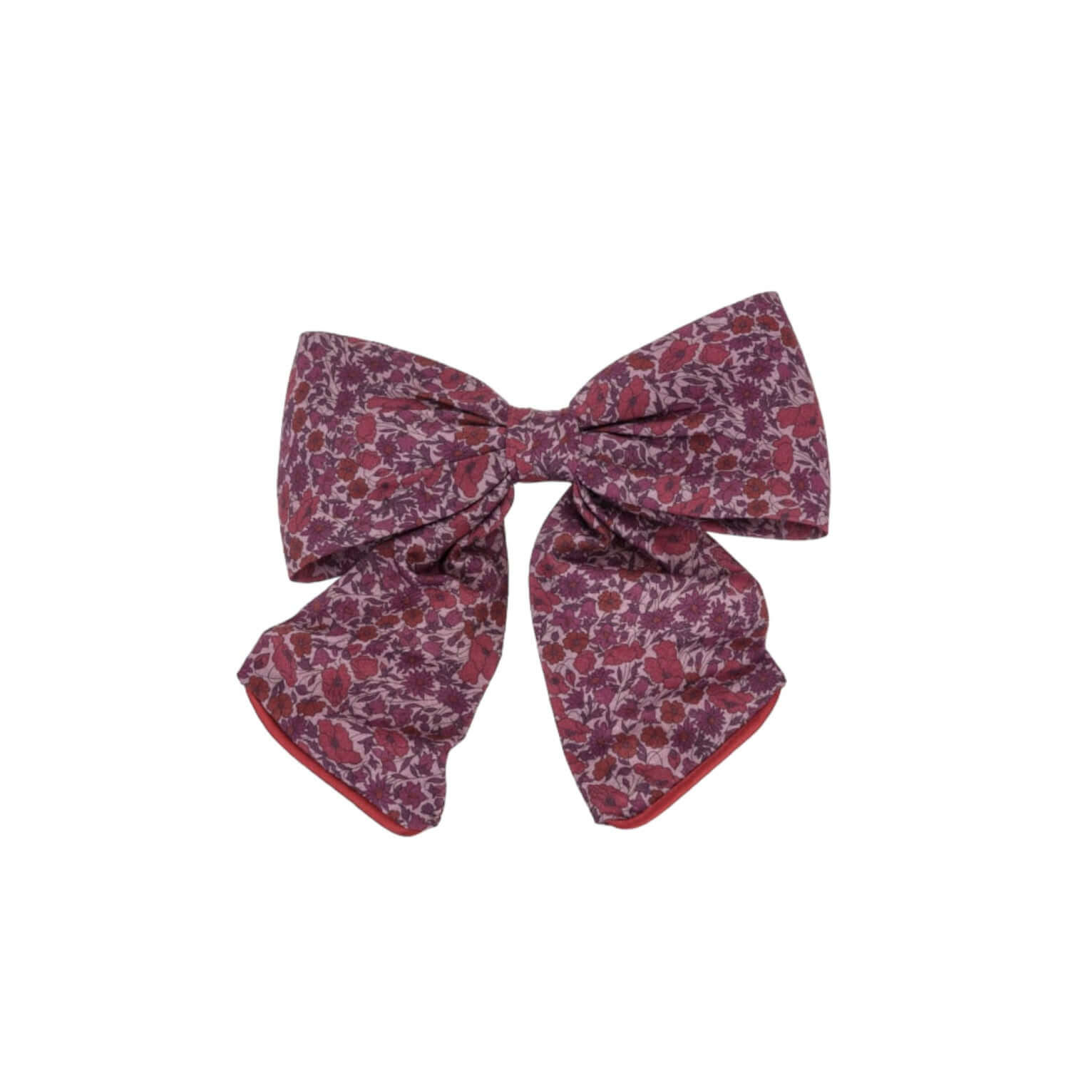 Luxury floral cotton bow hair accessory in rich shades of red and purple, perfect for stylish hairdos.