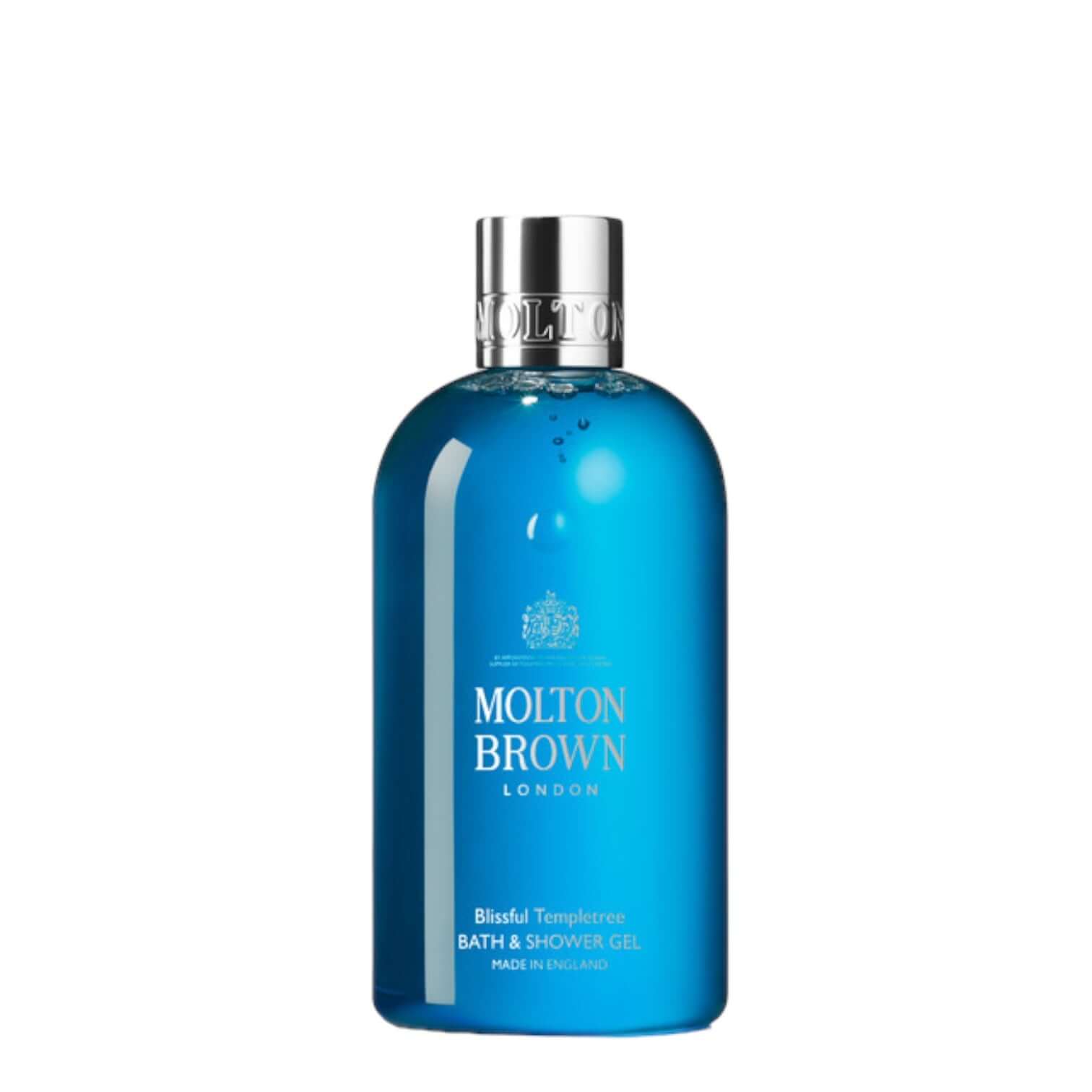 Molton Brown Blissful Templetree Bath & Shower Gel in blue bottle, 300ml, infused with rose, jasmine, and patchouli.