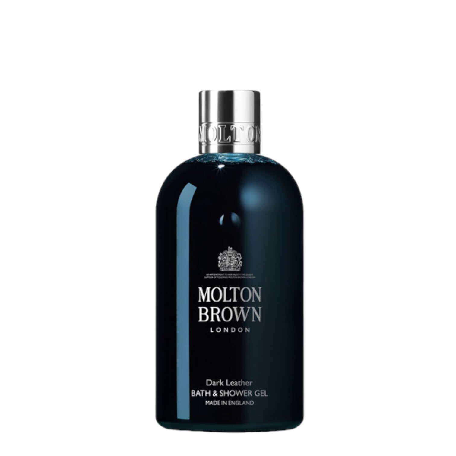 Molton Brown Dark Leather Bath & Shower Gel, 300ml, features pine, leather, and tobacco notes.