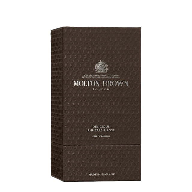 Molton Brown Delicious Rhubarb & Rose Eau de Parfum packaging, elegant design, 100 ml fragrance.