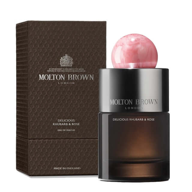 Molton Brown Delicious Rhubarb & Rose Eau de Parfum 100ml with elegant packaging and pink cap.