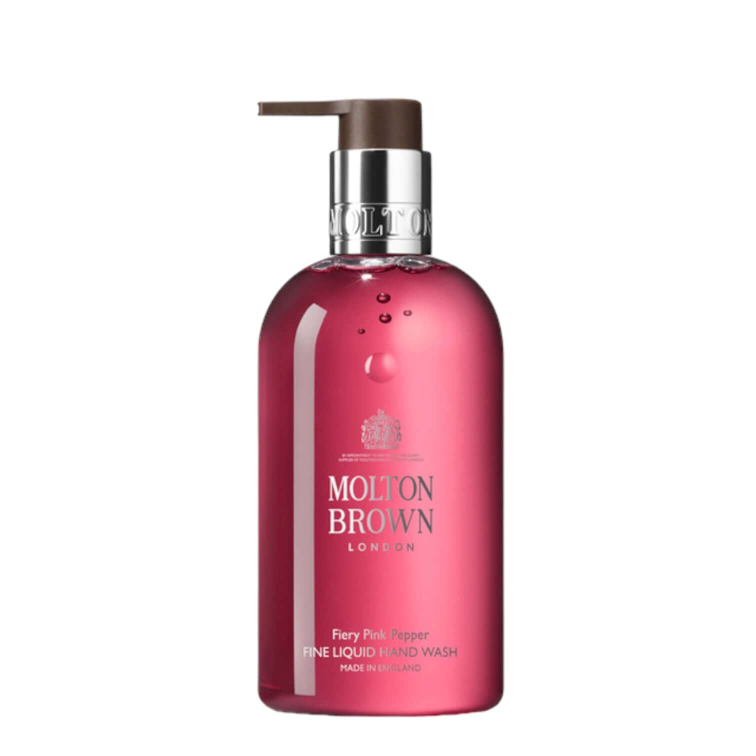 Fiery Pink Pepper liquid hand wash by Molton Brown, featuring spicy ginger, patchouli, and pink pepper in a 300ml bottle.