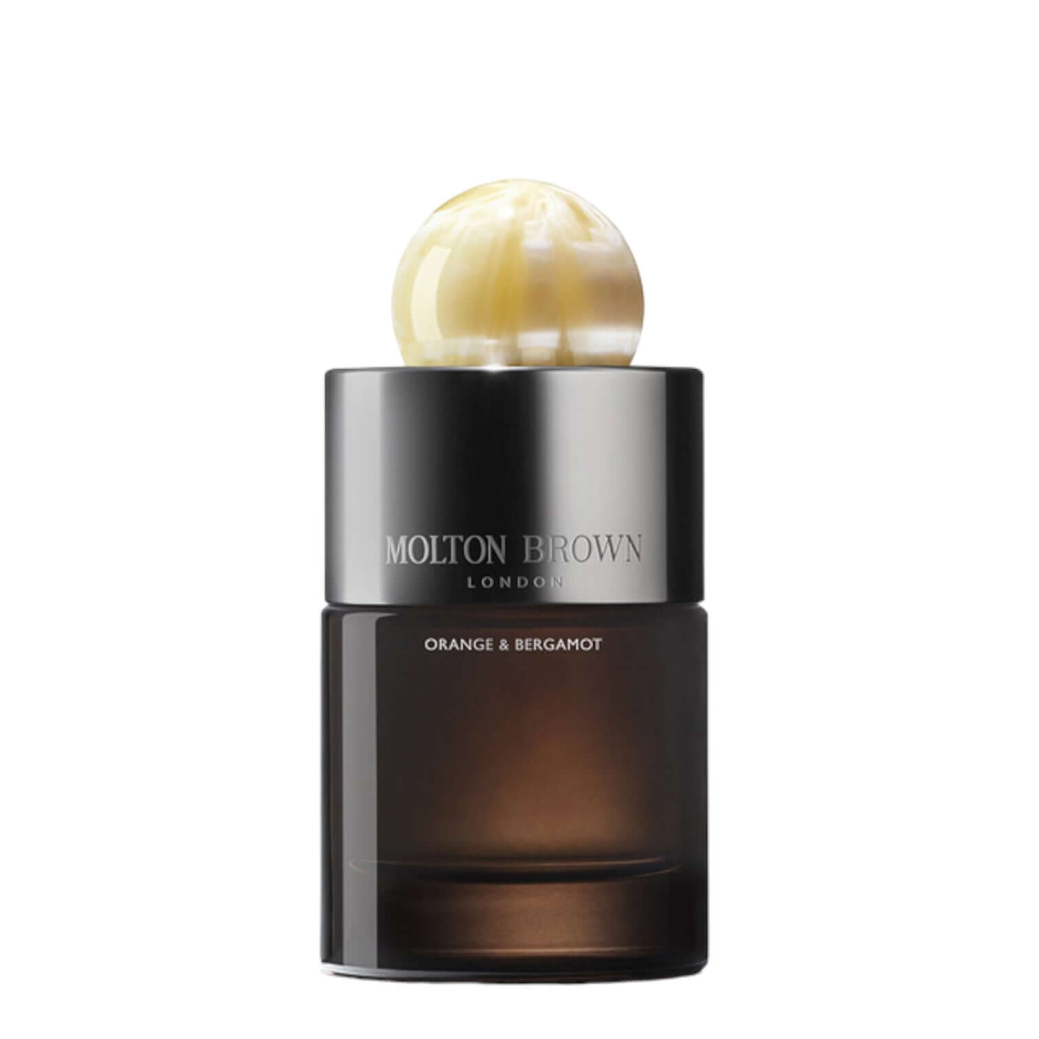 Molton Brown Orange & Bergamot Eau De Parfum in a stylish glass bottle with a unique resin cap.