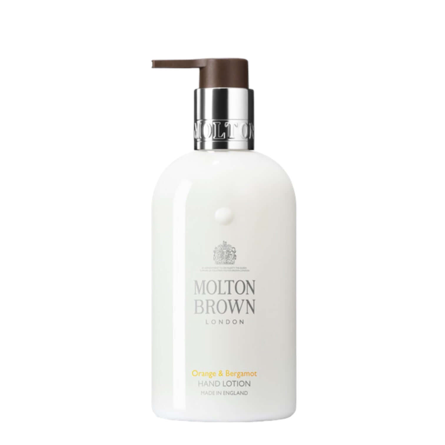 Orange & Bergamot hand lotion bottle by Molton Brown, 300 ml, nourishing formula with citrus scents.