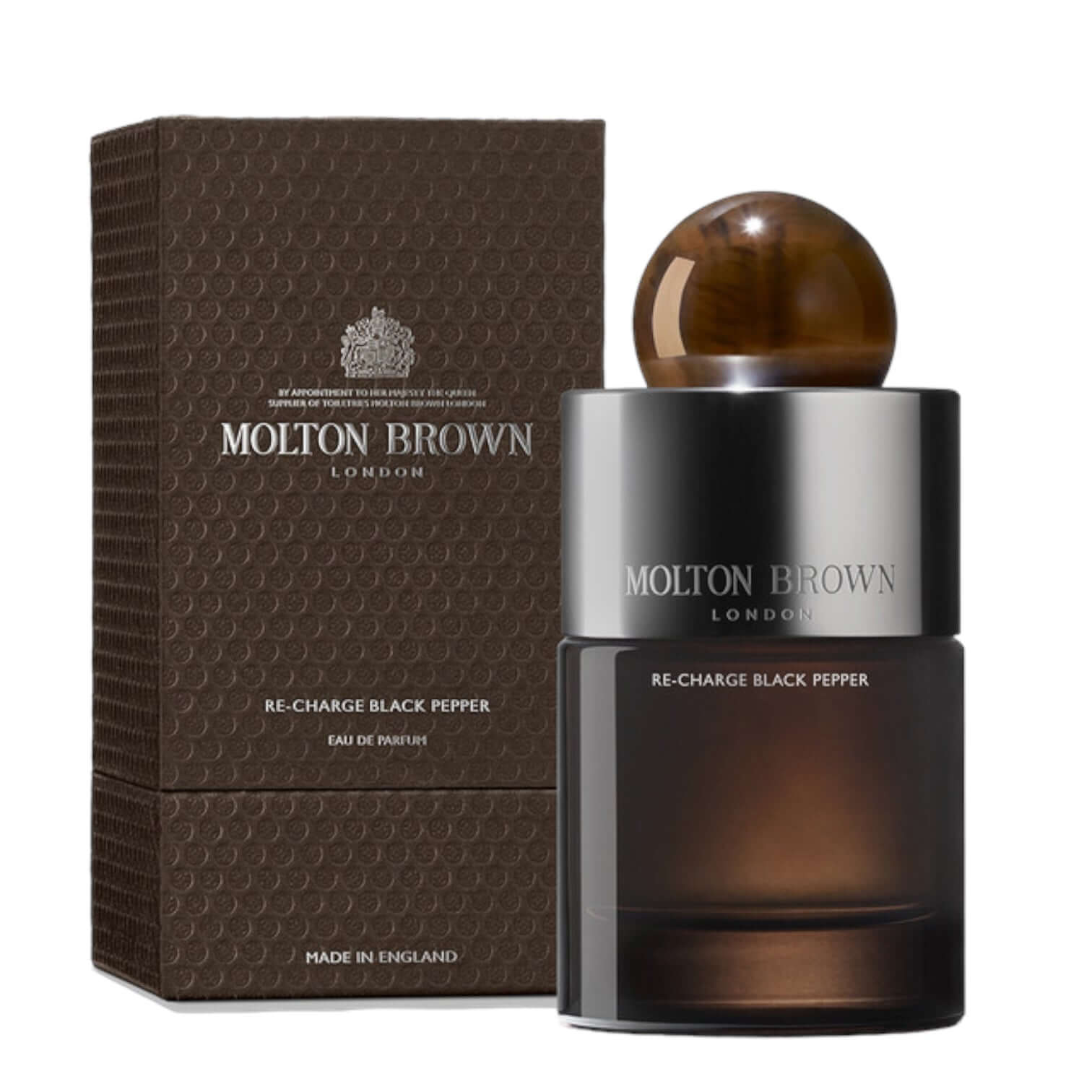 Molton Brown Re-Charge Black Pepper Eau De Parfum 100ml in a sleek glass bottle with stylish packaging.