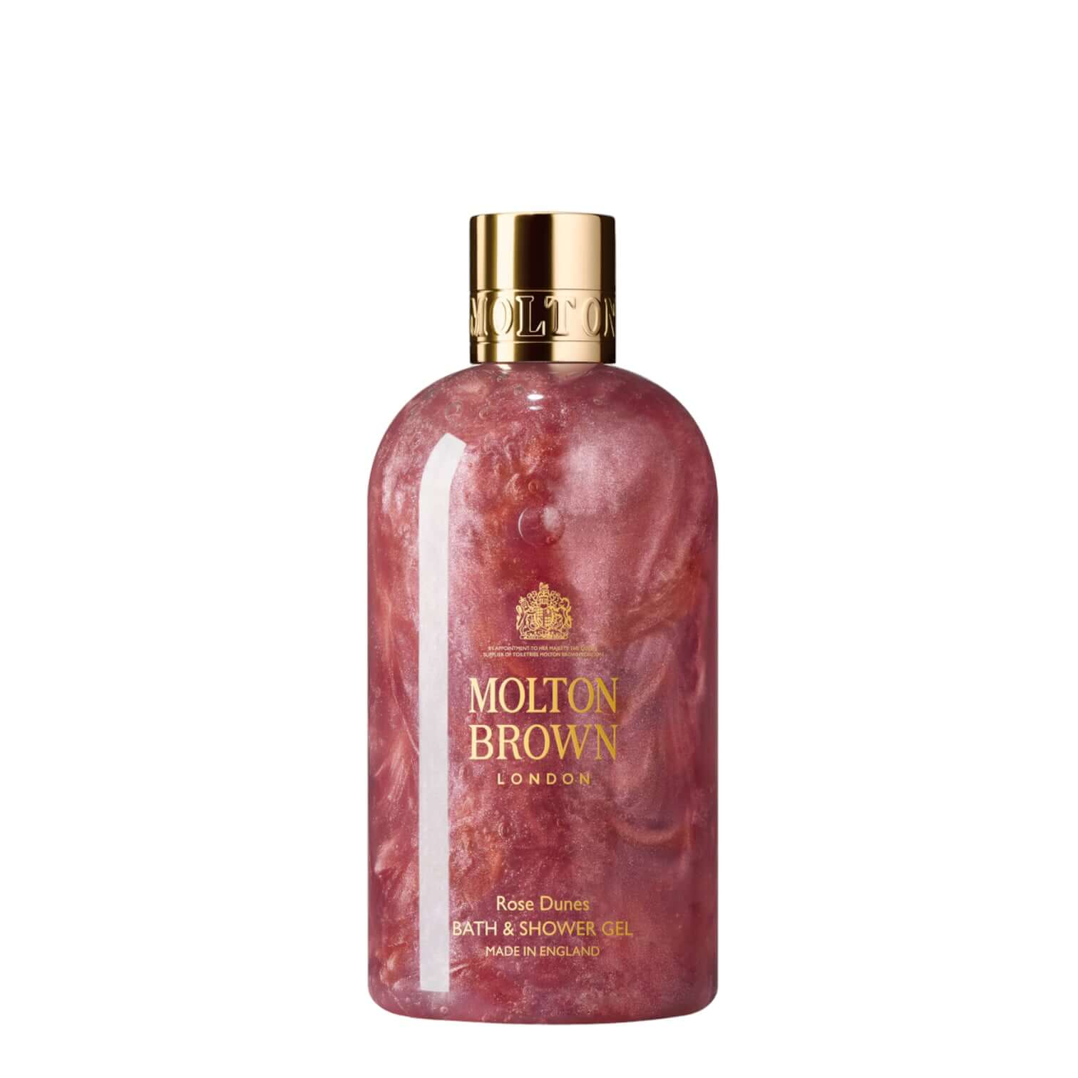 Molton Brown Rose Dunes Bath & Shower Gel, shimmering gel with cassis, rose, and patchouli, 300 ml.