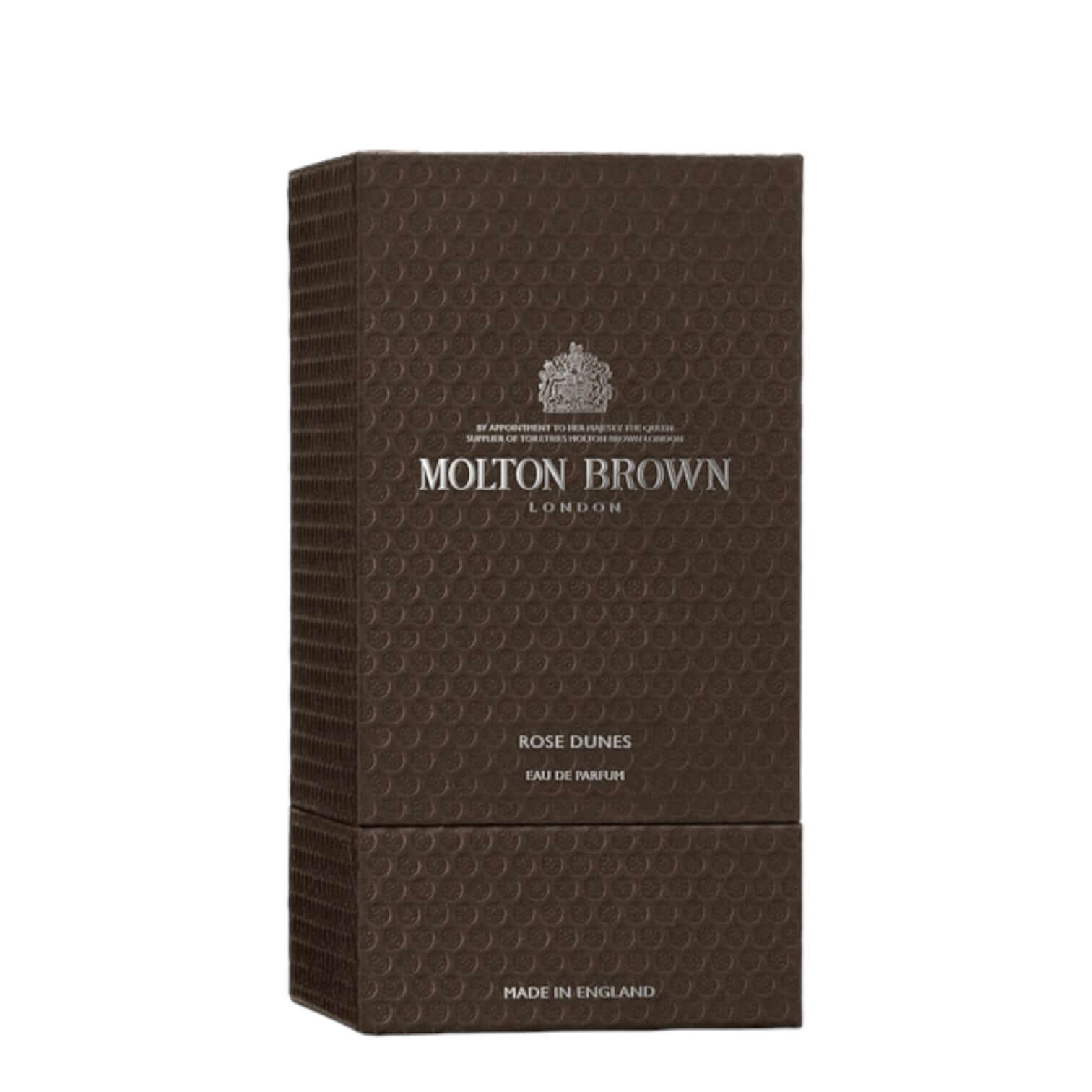 Molton Brown Rose Dunes Eau De Parfum packaging, elegant design for luxurious fragrance experience.