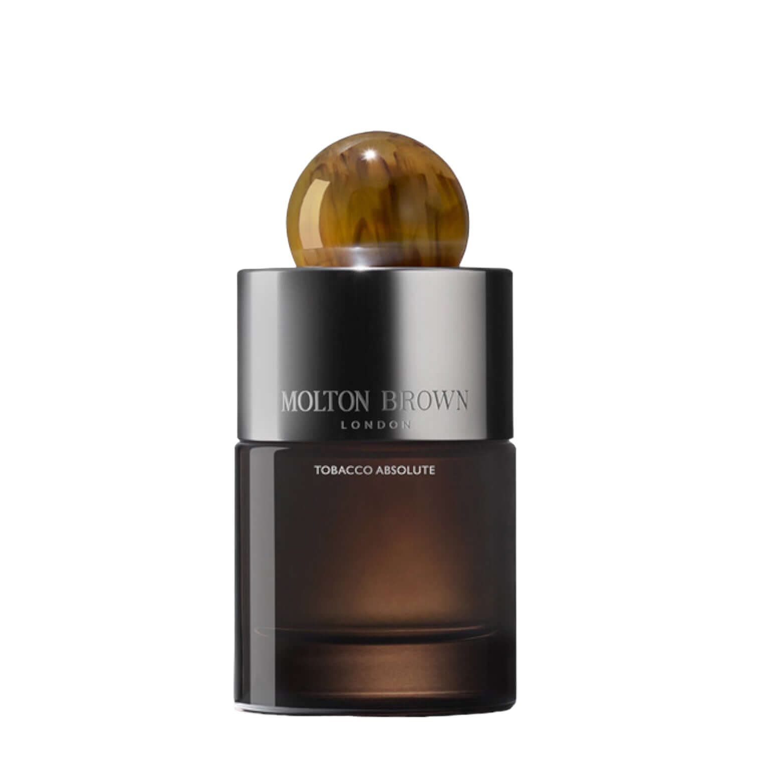 Molton Brown Tobacco Absolute Eau De Parfum bottle with elegant design, featuring a unique resin cap and dark glass.