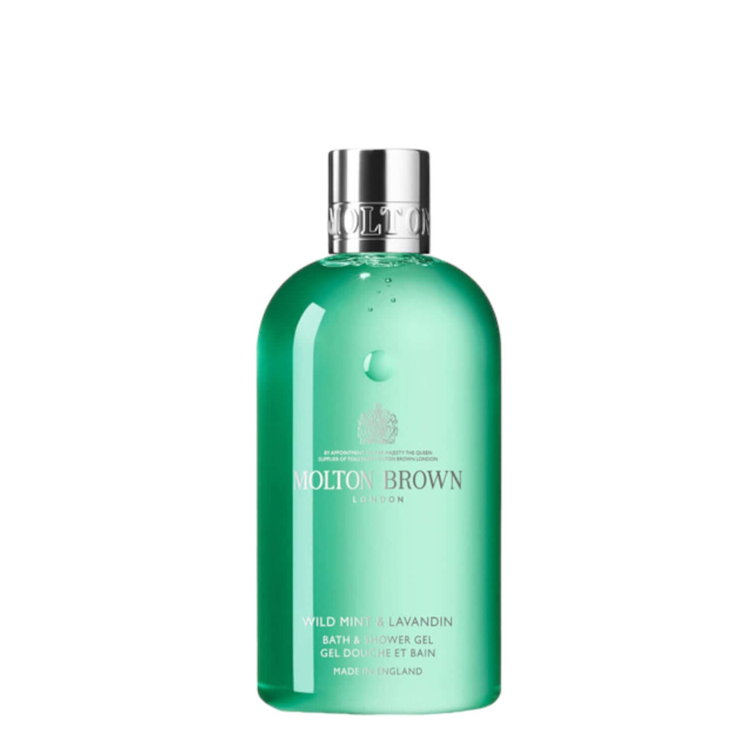 Molton Brown Wild Mint & Lavandin Bath & Shower Gel, 300 ml, featuring a fresh green formula.