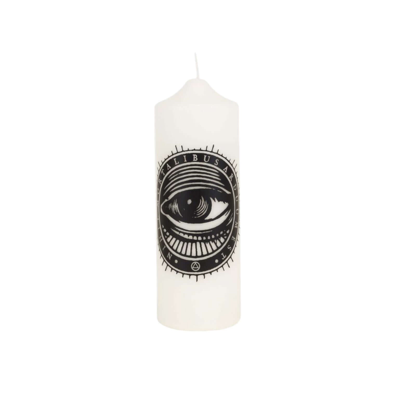 Mystical Eye Candela Artistica, white pillar candle with intricate eye design, symbolizes protection and positive energy.