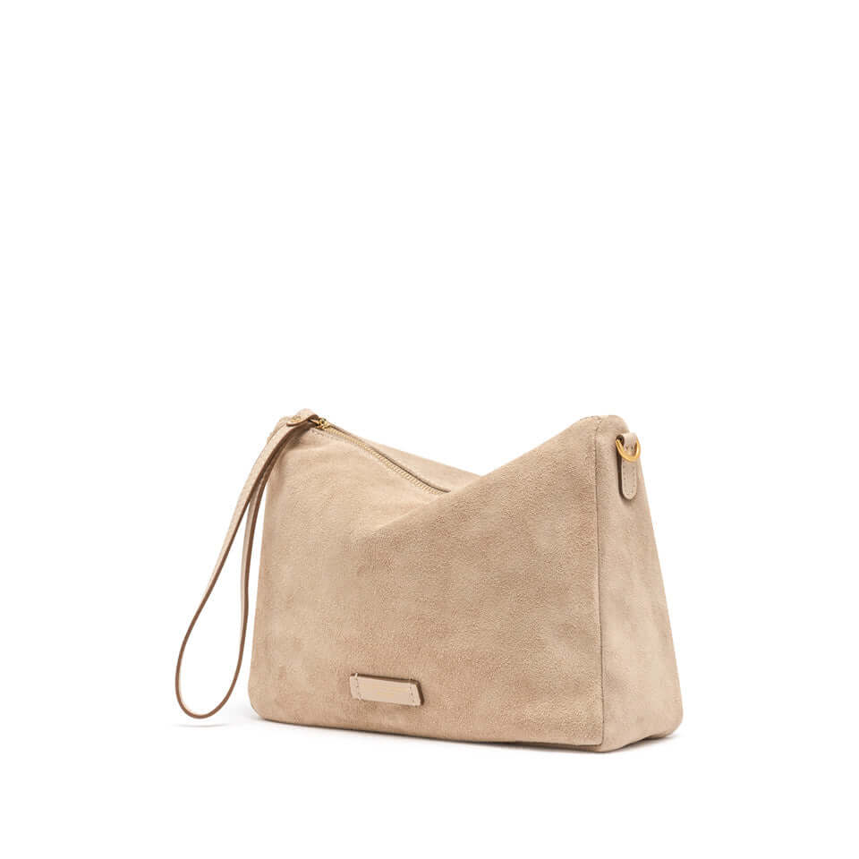 NORA POUCH in beige suede by Gianni Chiarini Firenze with removable wrist strap and zip closure.