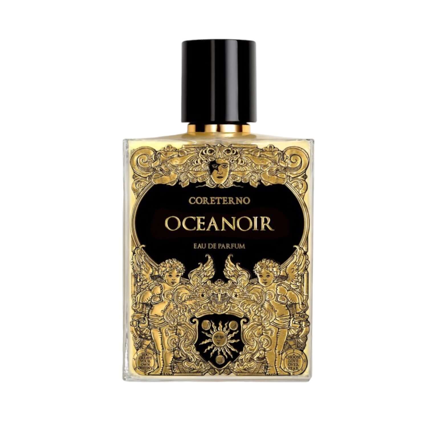 Oceanoir Eau De Parfum bottle featuring ornate golden design and black cap.