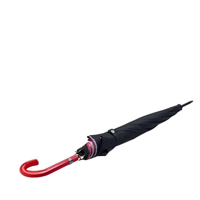 Ombrello da donna elegante con design a doppio baldacchino e manico rosso, chiuso a 84 cm.