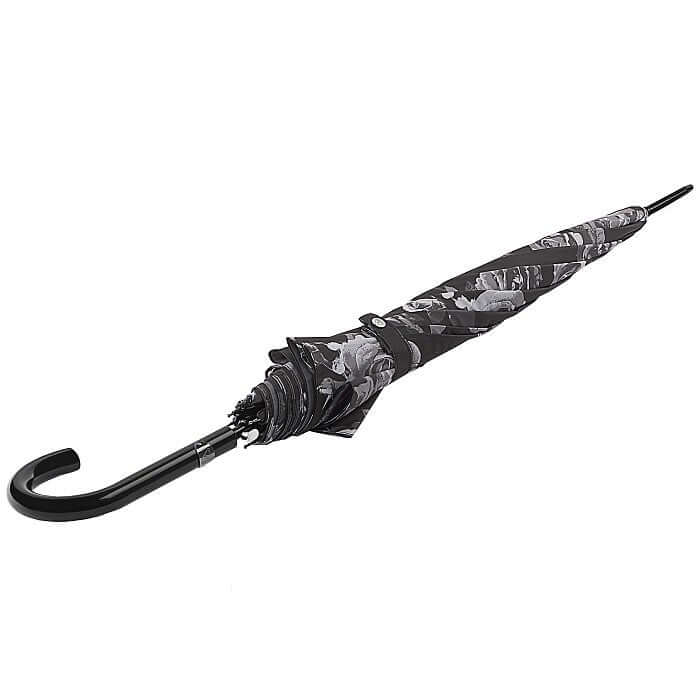 Sophisticated black garden party umbrella with elegant floral print inside and automatic opening mechanism.