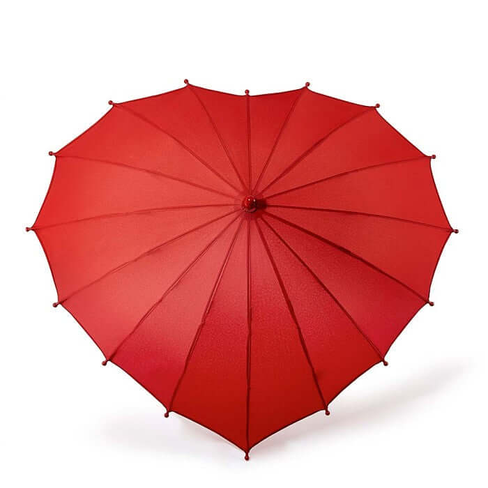 Red heart-shaped umbrella, lightweight and durable, offering UPF 50+ sun protection, ideal for kids.