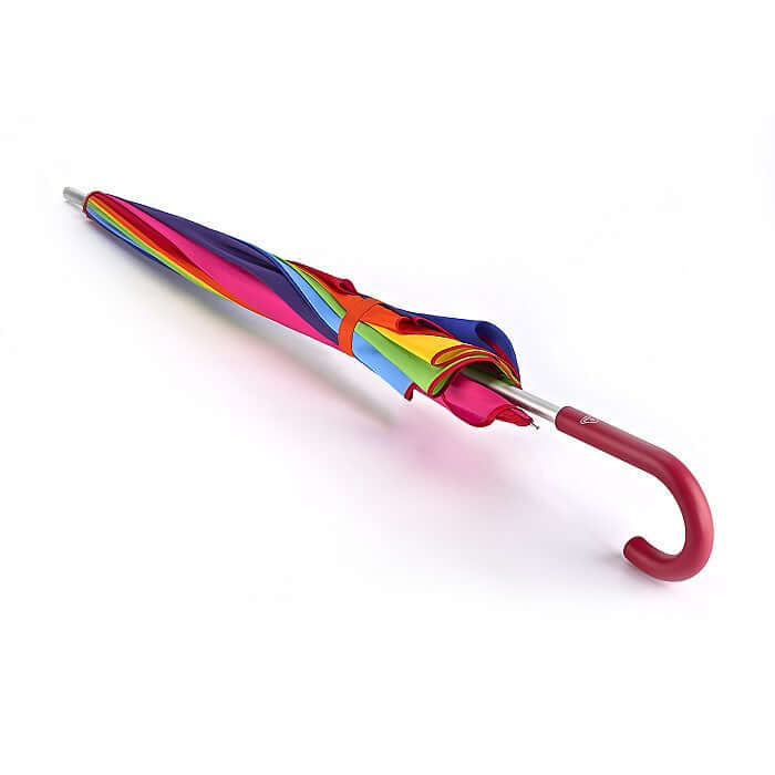 Ombrello Heart Walker Rainbow umbrella with colorful stripes and red handle, lightweight and durable design.