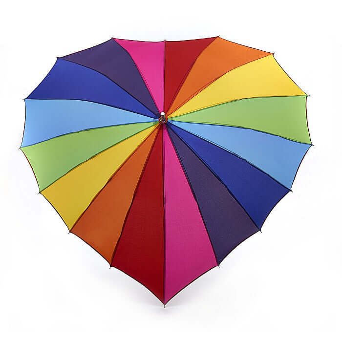 Ombrello Heart Walker Rainbow with vibrant colors in a unique heart shape, 100 cm diameter when open, lightweight and durable.