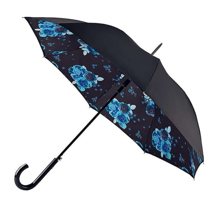 Ombrello da donna Ombrello Night Sky Flowers con design elegante in nero e fiori blu, meccanismo di apertura automatica.