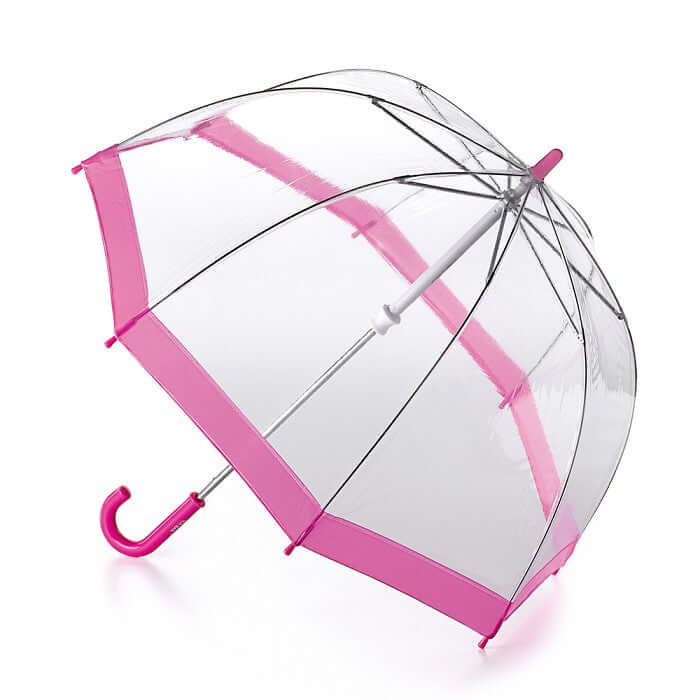 Ombrello pink trasparente a cupola per bambini, design colorato e sicuro da usare, misura 68,5 cm da chiuso.