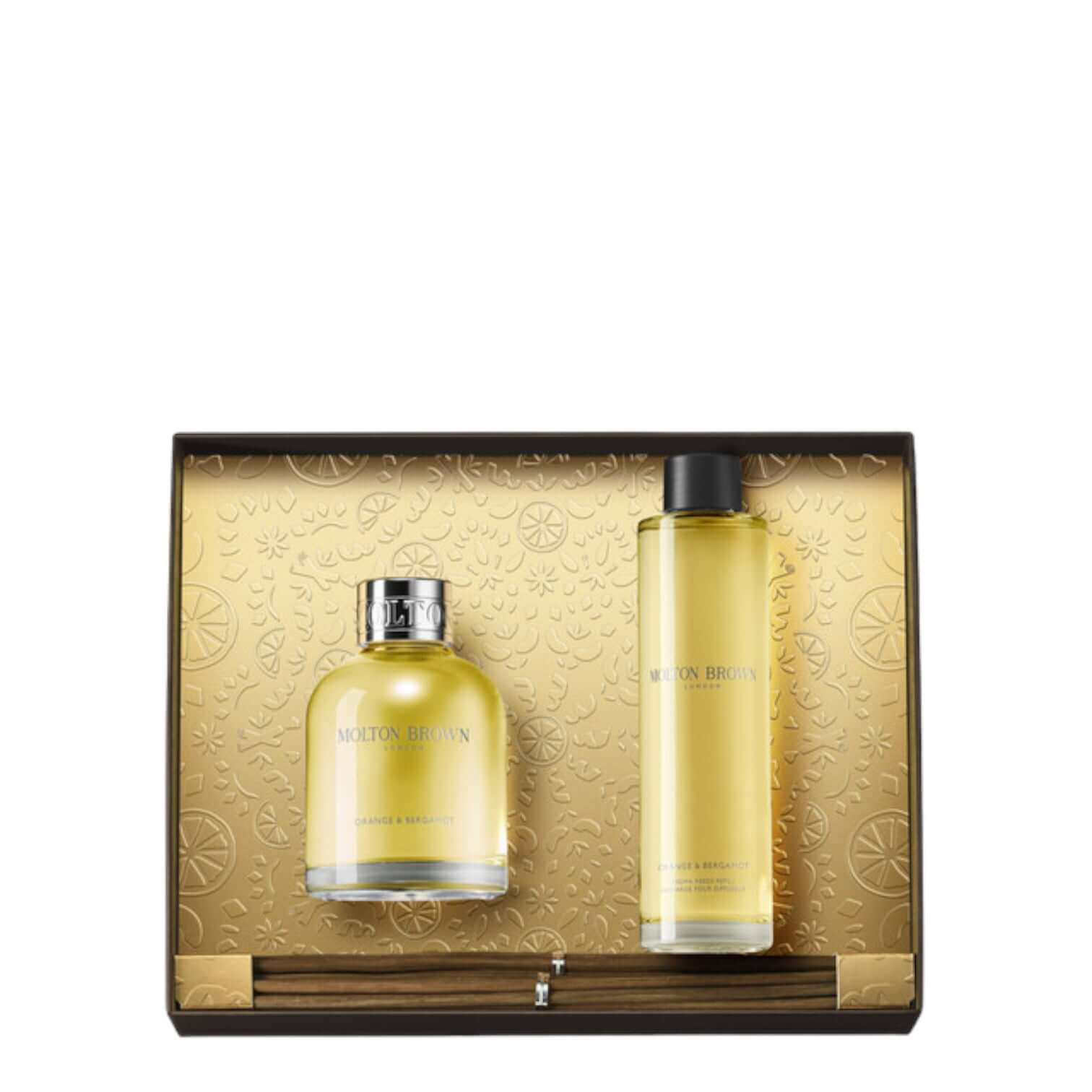 Orange & Bergamot diffuser set with 150ml bottle and refill, elegantly packaged in a gold box for home fragrance.