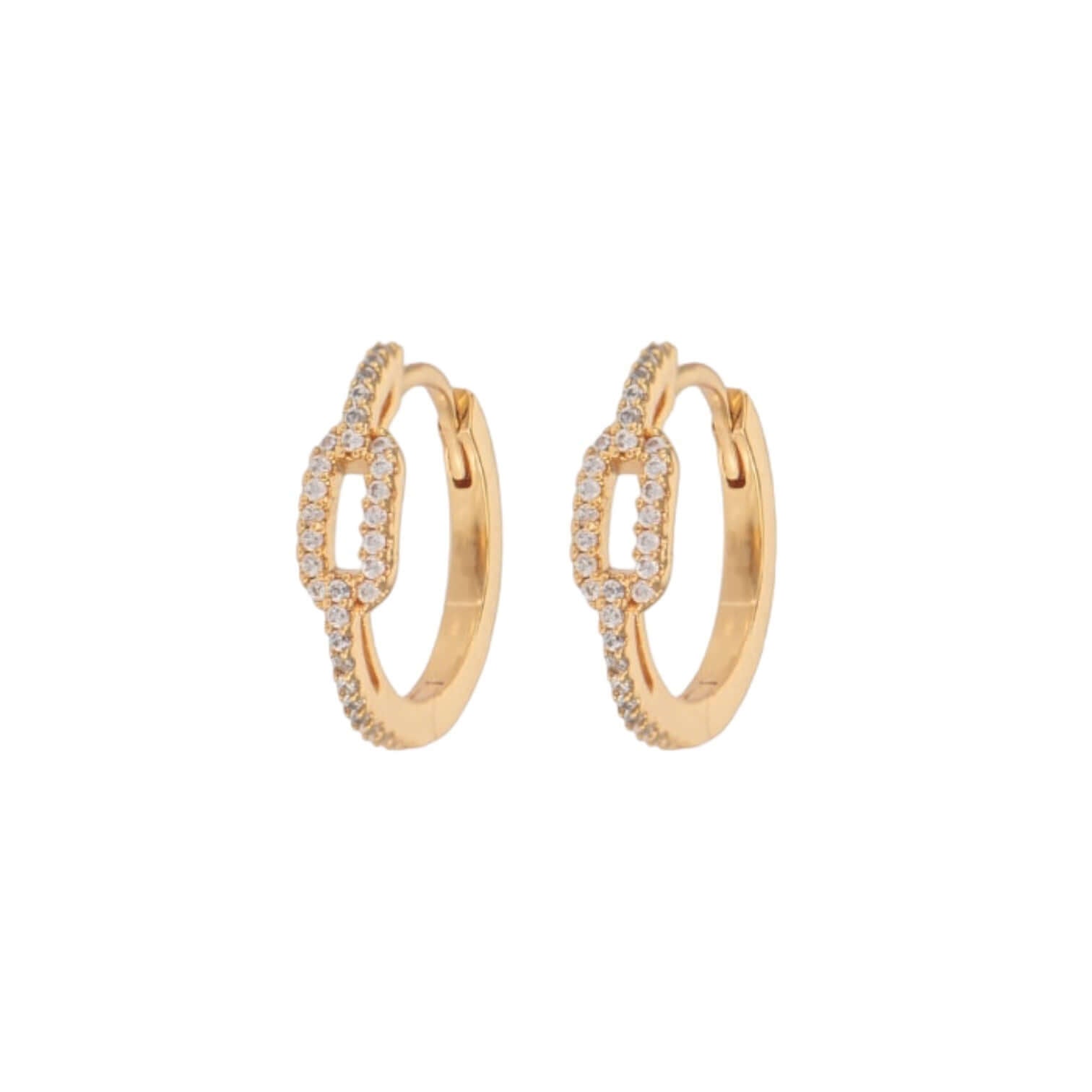 Orecchini cerchi in ottone placcato oro 18 carati con dettagli brillanti, perfetti per ogni occasione.