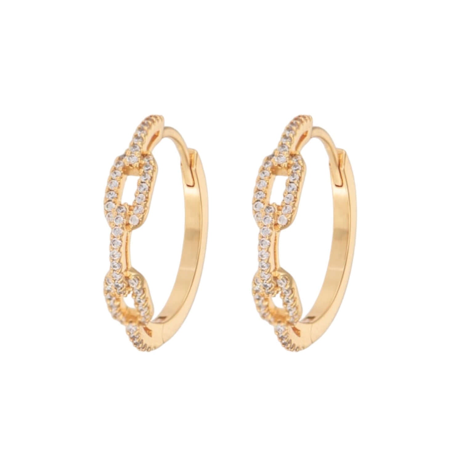 Elegant Orecchini Cerchi Catena in gold-plated brass with shimmering stones, perfect for any occasion.