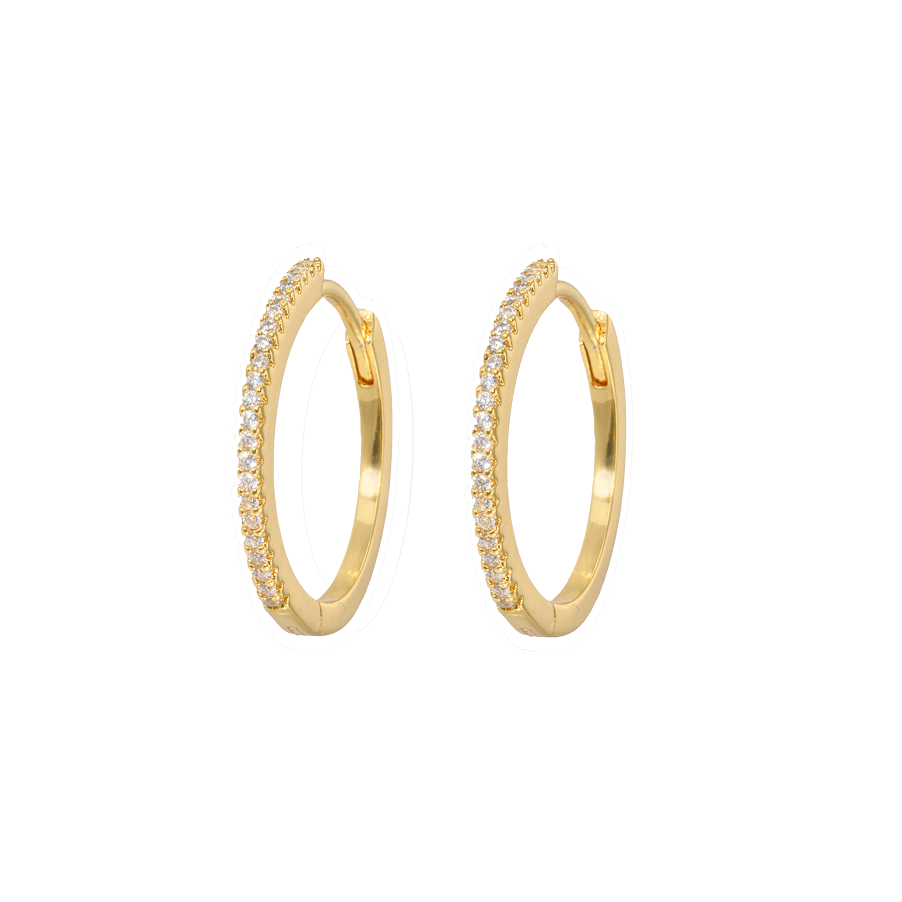 Orecchini cerchi grandi slim pietre bianche in ottone placcati oro 18 carati con un design elegante.