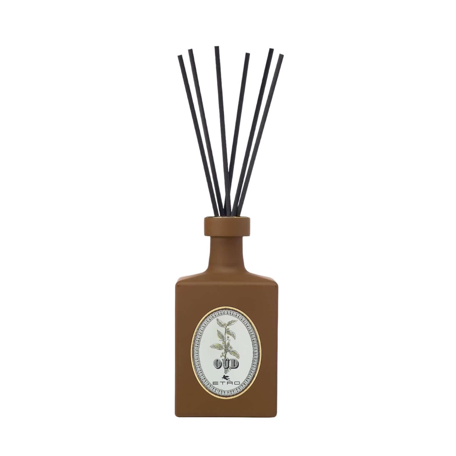 Elegante diffusore per ambienti in vetro marrone con profumo di Oud e midollini neri, 500 ml.