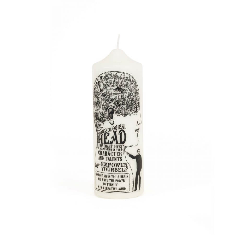Phrenology Candela Artistica candle featuring intricate design and empowering messages, handmade with unique printing technique.
