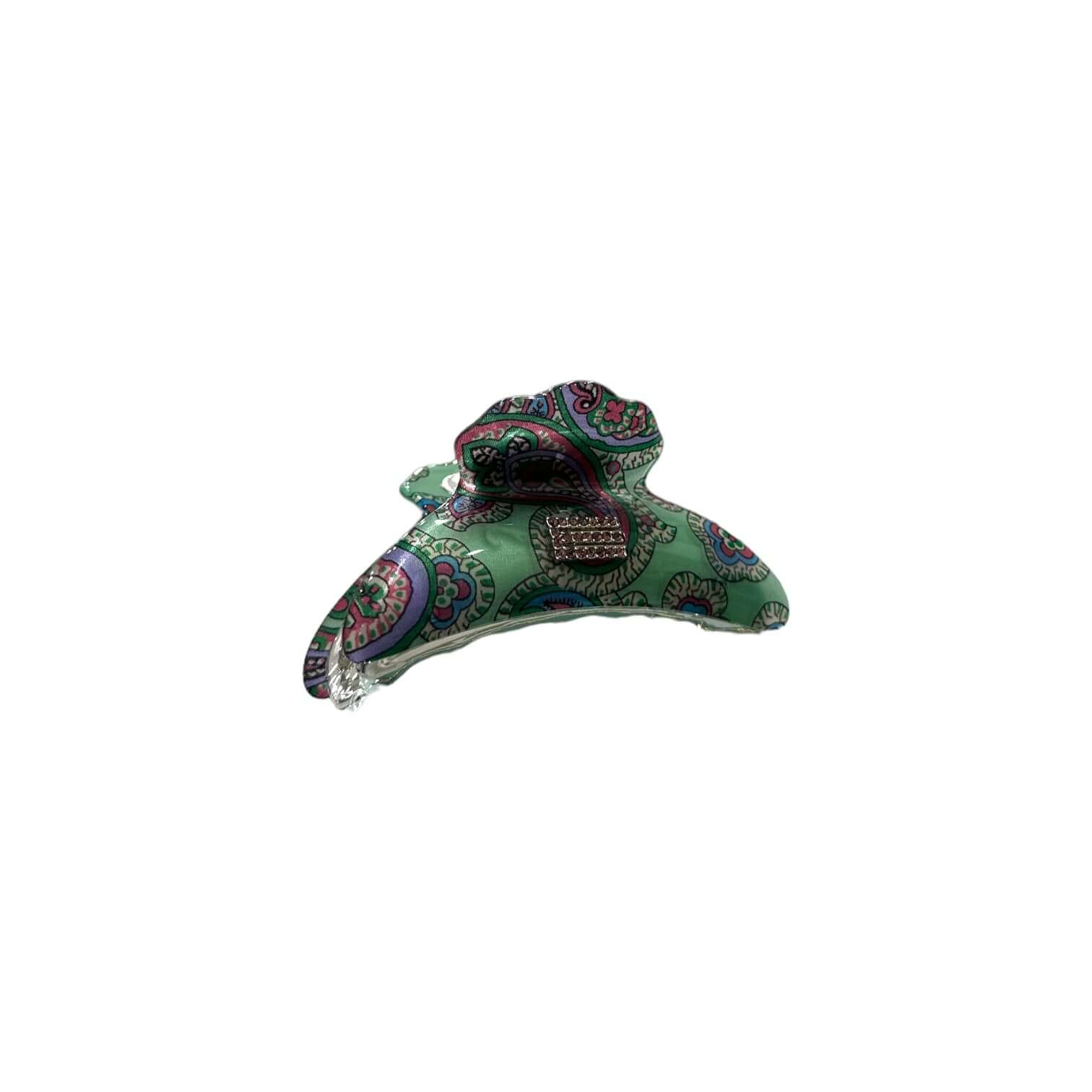 Pinza Grande per capelli voluminosi, realizzata in acetato e seta, con design elegante in verde e motivi colorati.